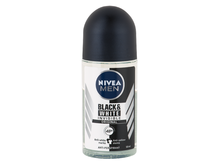 Moški roll-on antiperspirant, črno-bel, neviden, 48-urna zaščita.
