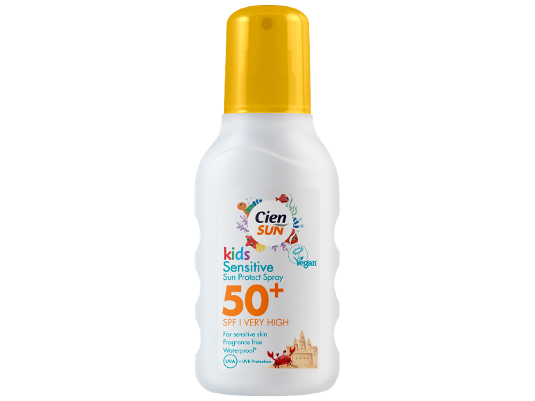 Otroški občutljiv sprej za zaščito pred soncem, SPF 50+, zelo visoka UVA/UVB zaščita, za občutljivo kožo, brez dišav, vodoodporen in veganski.