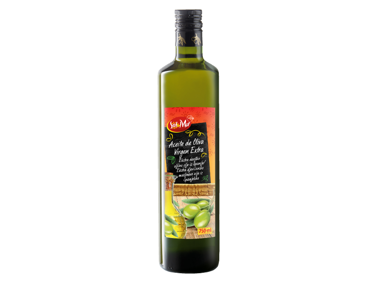 Steklenica ekstra deviškega oljčnega olja z etiketo, ki prikazuje 750 ml in zelene oljke.