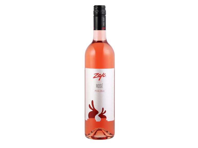 Steklenica rose vina z belo etiketo in rdečimi motivi.