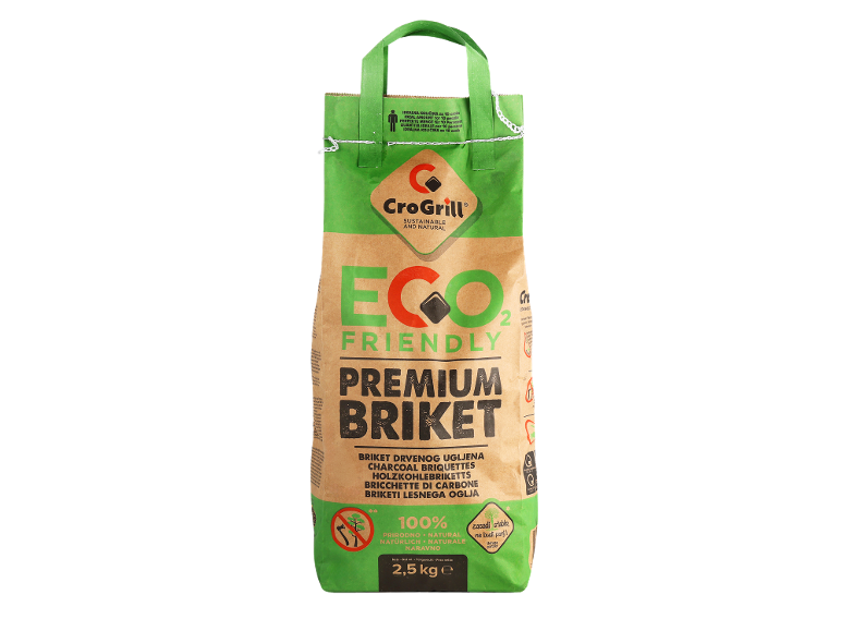 Ekološki lesni briketi v zeleno-rjavi embalaži, 2,5 kg.