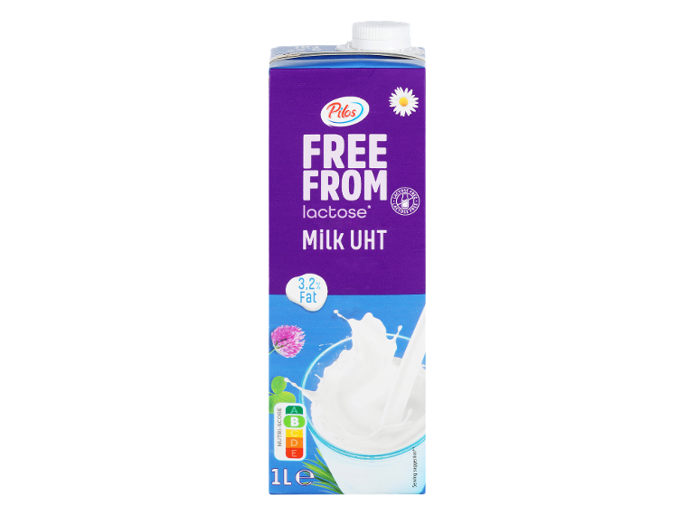 Karton mleka z napisom „FREE FROM lactose Milk UHT“, 3,2% maščobe, 1L
