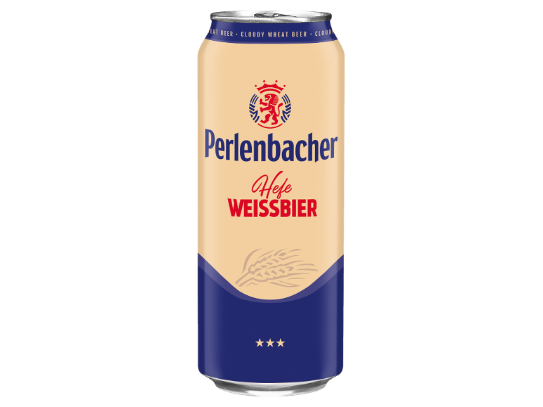 Pločevinka motnega pšeničnega piva z napisom „Hefe Weissbier“ in kronanim levom.
