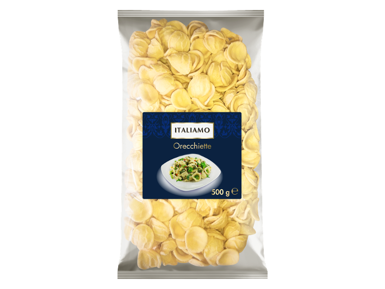 Prozorna vrečka testenin orecchiette s temno modro etiketo, ki prikazuje jed iz testenin, 500g.