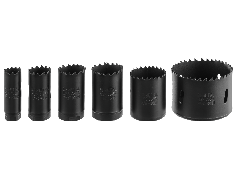 Set bimetalnih HSS Co8% žaginih kron različnih velikosti, od 19mm do 68mm.