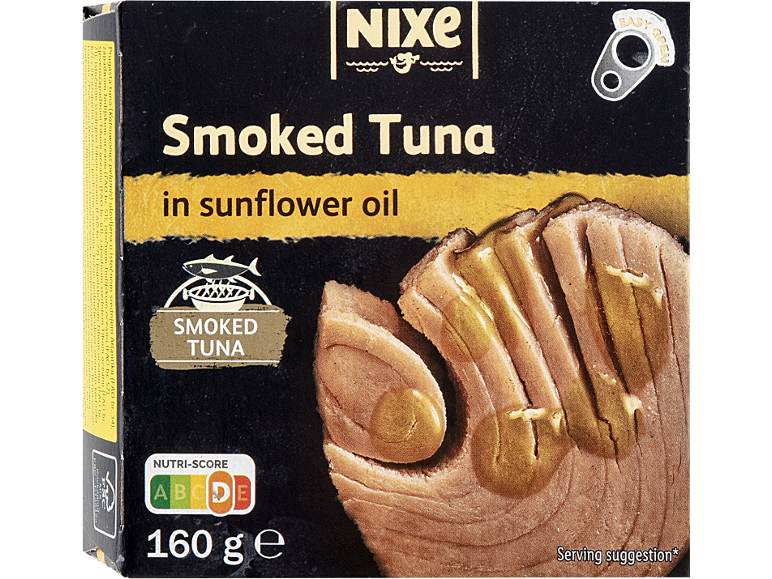 Dimljena tuna v sončničnem olju, 160 g, z Nutri-Score D.