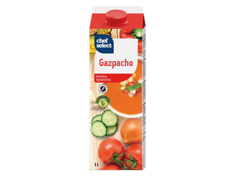 1L pakiranje gazpacha s svežo zelenjavo in oznako 'brez glutena'.