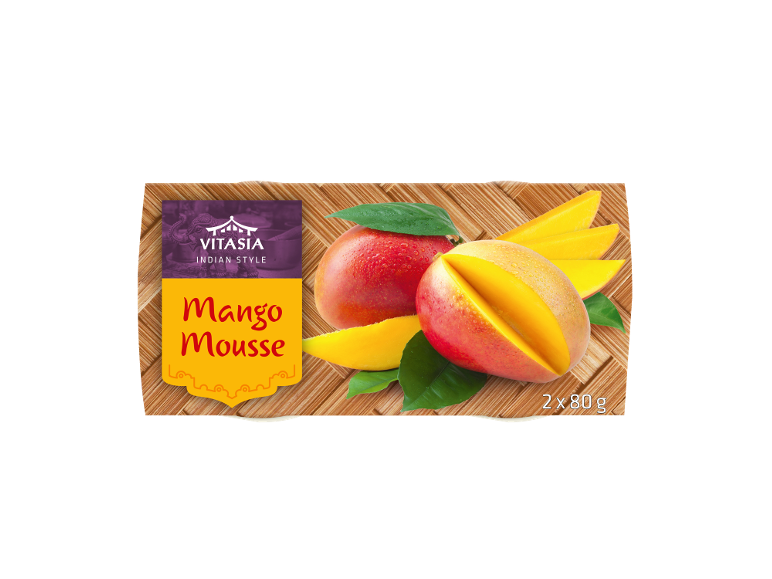 Mango mousse v indijskem slogu, s svežim mangom in zelenimi listi, 2x80g.