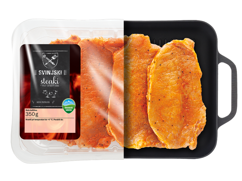 Marinirani svinjski zrezki v embalaži in na ponvi, z etiketo 350g.