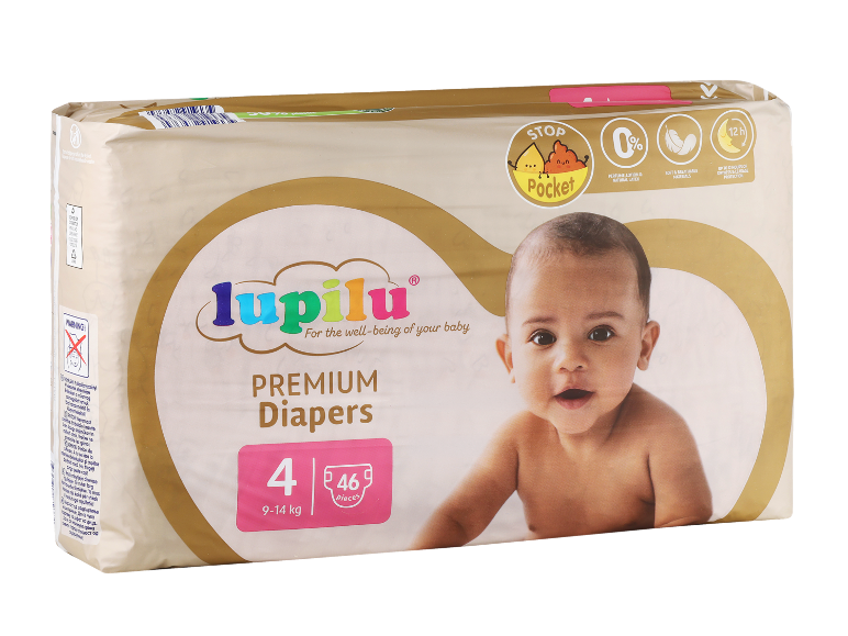 Lupilu Premium plenice, velikost 4 (9-14 kg), 46 kosov, s sliko dojenčka.