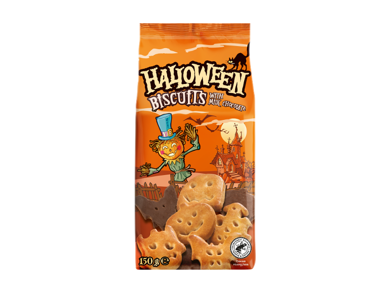 Oranžna vrečka Halloween piškotov z mlečno čokolado, s strašilom in hišo strahov.