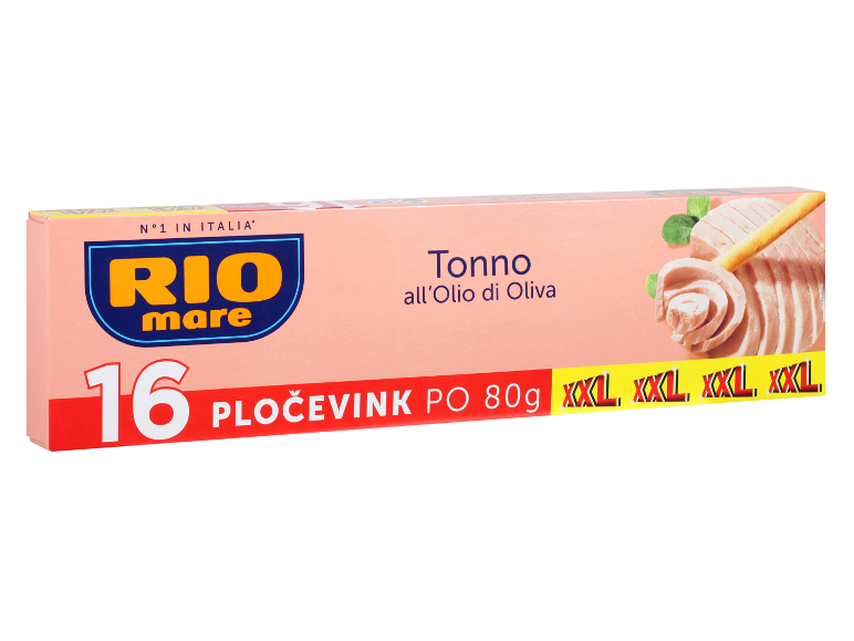 Škatla s 16 pločevinkami tune v oljčnem olju, 80g vsaka, z oznako XXL.