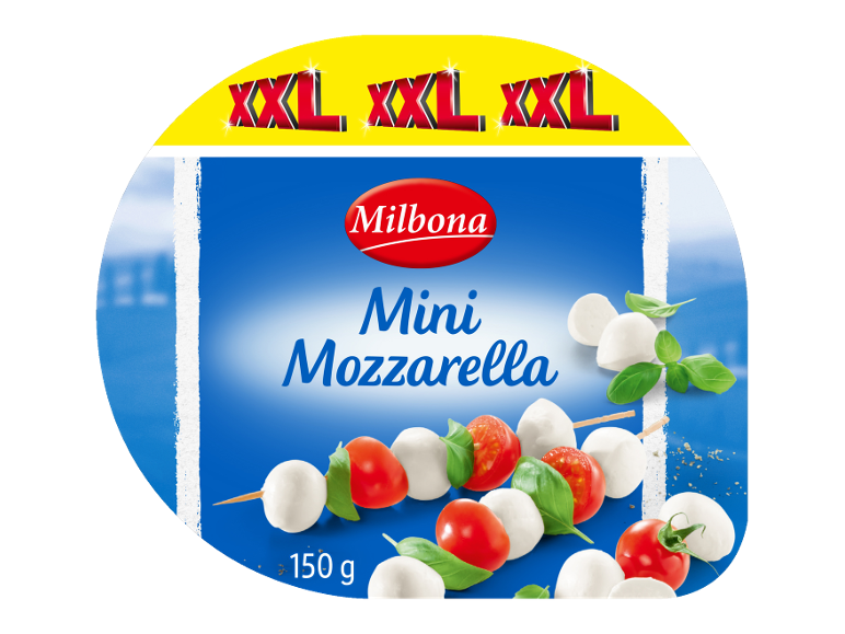 XXL pakiranje mini mozzarelle s češnjevimi paradižniki in baziliko na nabodalih, 150 g.