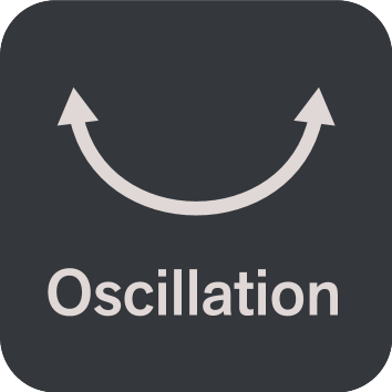 Pečat z besedilom »Oscillation« in ukrivljenimi puščicami.