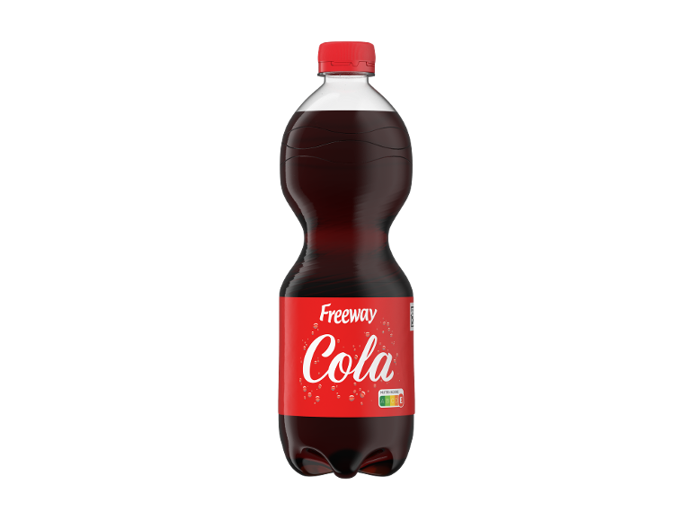 Steklenica kole z rdečo etiketo, ki prikazuje Nutri-Score.