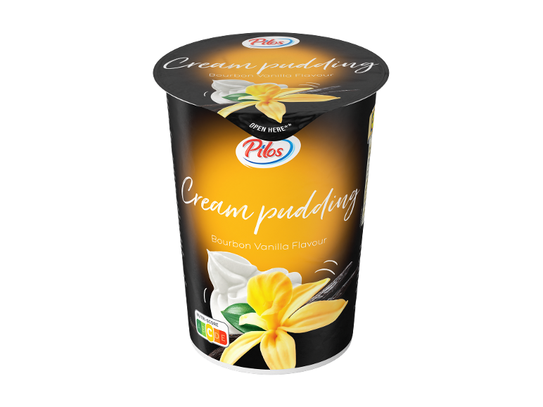 Kremni puding z okusom burbonske vanilije, z oznako Nutri-Score A.