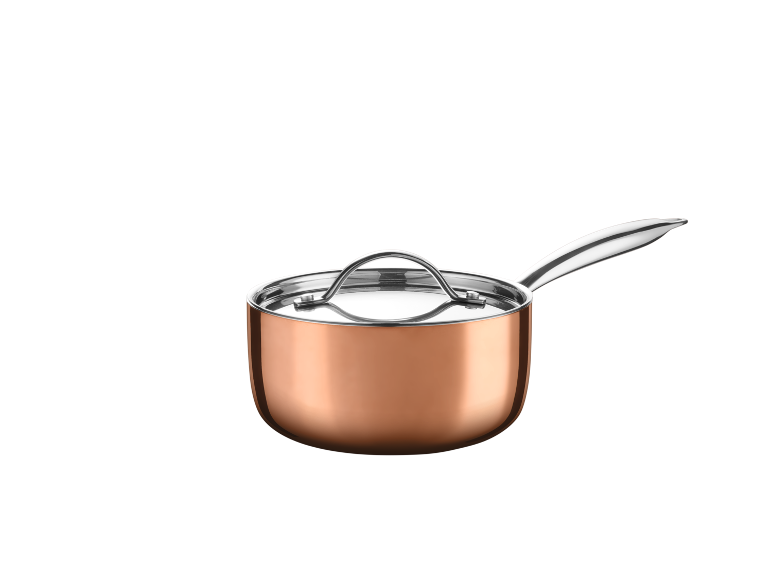 Bakrena kozica s kovinskim pokrovom in ročajem iz nerjavečega jekla.
