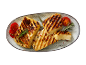 Žar halloumi z rožmarinom in češnjevimi paradižniki na krožniku.