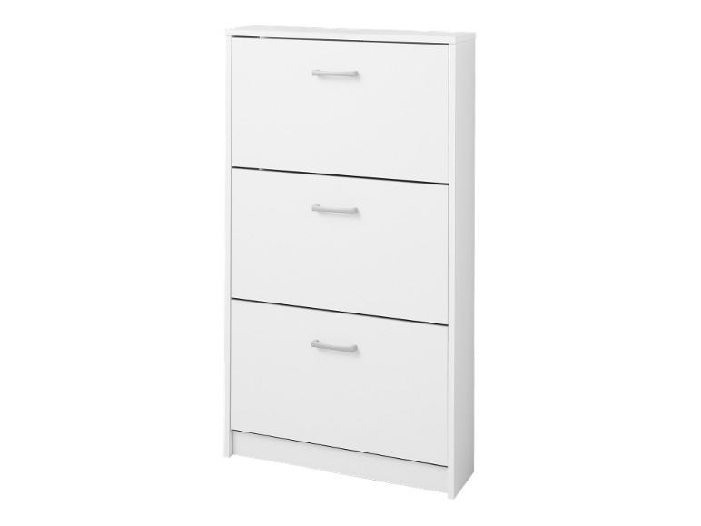 Bela omara za čevlje s tremi predali in srebrnimi ročaji.