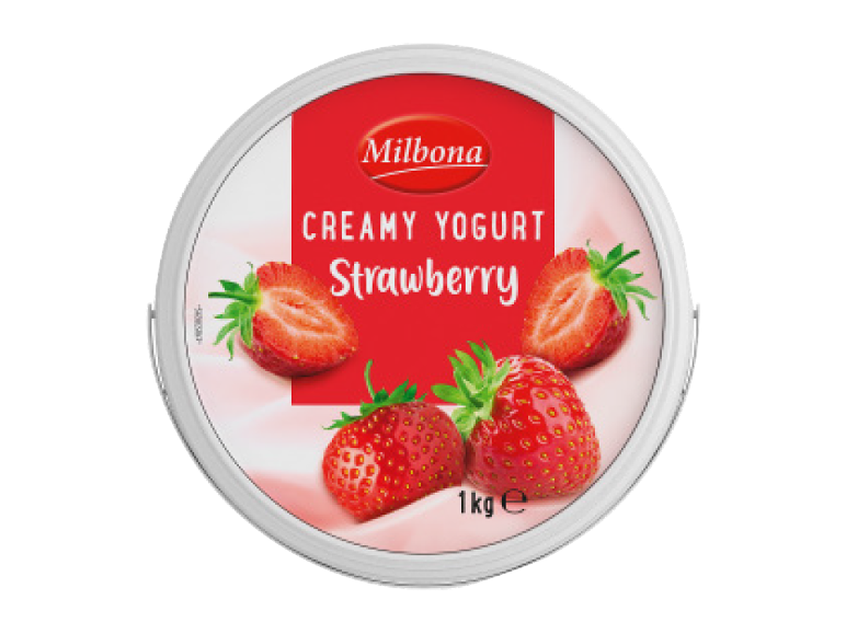 Kremni jagodni jogurt v okrogli posodi, 1kg.