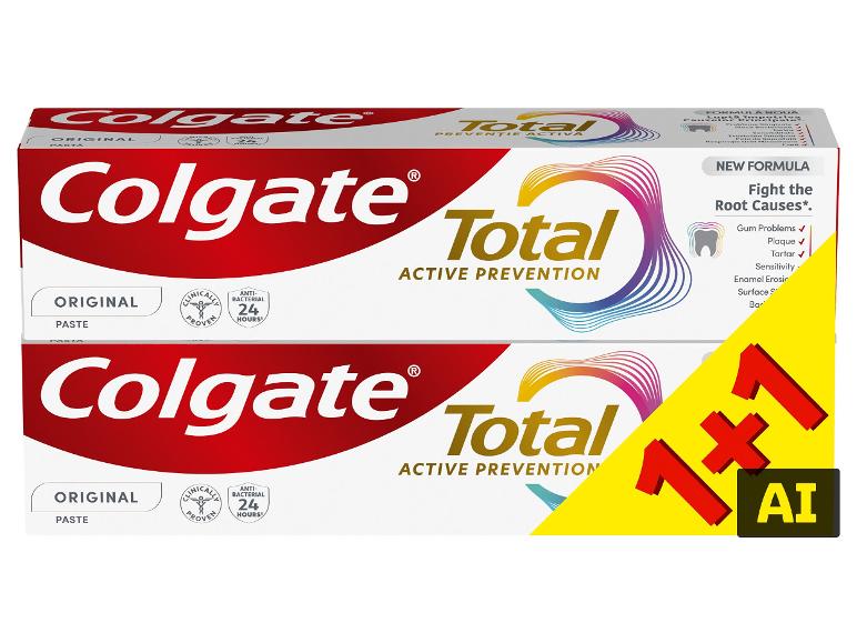 Komplet dveh zobnih past z aktivno zaščito, promocijska ponudba 1+1 gratis. [slika, ustvarjena z UI]
