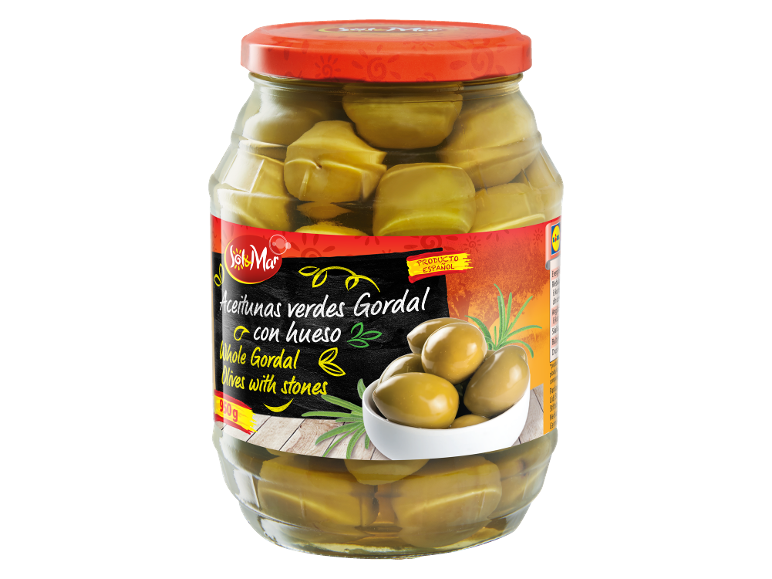 Kozarec zelenih Gordal oliv s koščicami, z etiketo „PRODUCTO ESPAÑOL“ in 950g.