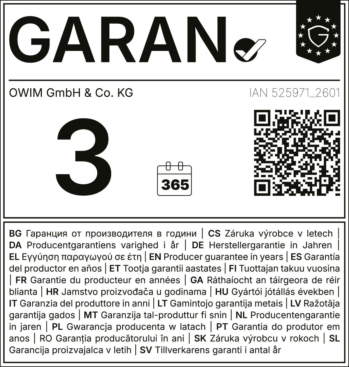 Garancija proizvajalca: 3 leta, 365 dni. IAN 525971_2601.