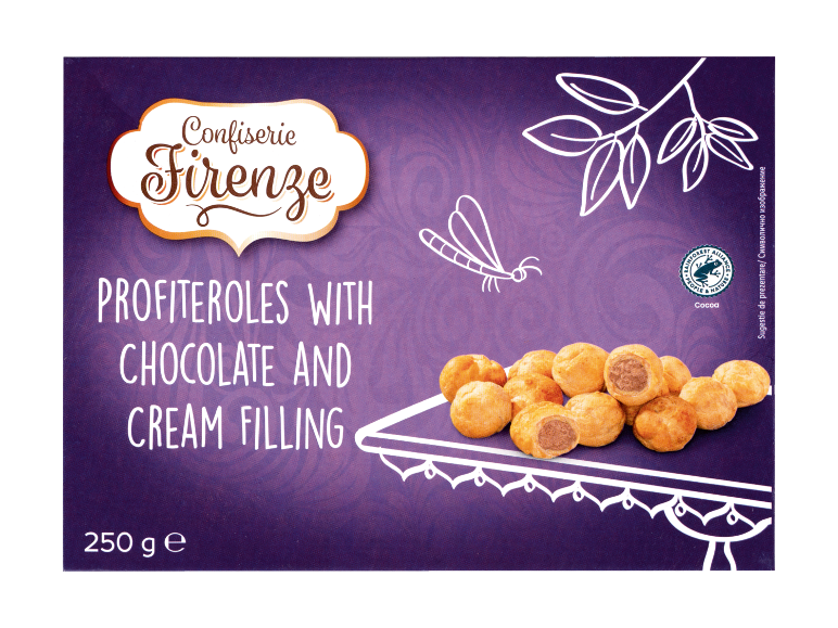Škatla profiterolov s čokoladno in smetanovo kremo, 250 g.