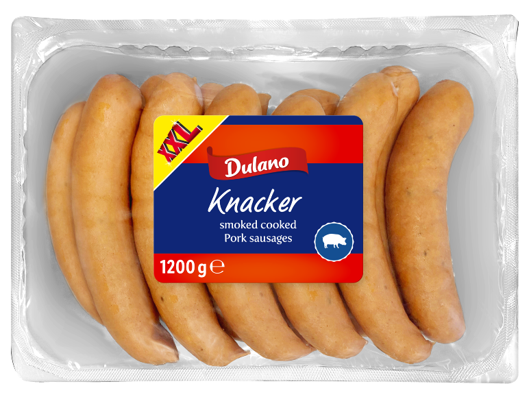 Paket prekajenih kuhanih svinjskih klobas, 1200 g, z oznako XXL.