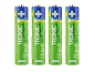 Štiri zelene polnilne baterije AA 1000 mAh z napisom »ENERGY« in »READY TO USE«.