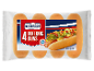 Pakirani hot dog žemljice, 4 kosi, z ilustriranim hot dogom.