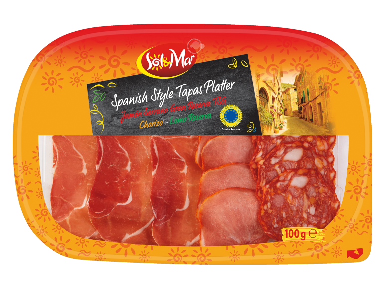 Pladenj španskih tapasov s serrano pršutom, chorizom in lomo reservo, 100g.