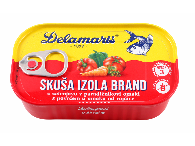 Konzerva zelenjave in ribe s paradižnikom, z besedilom, ki označuje visoko vsebnost omega 3 in brez glutena.