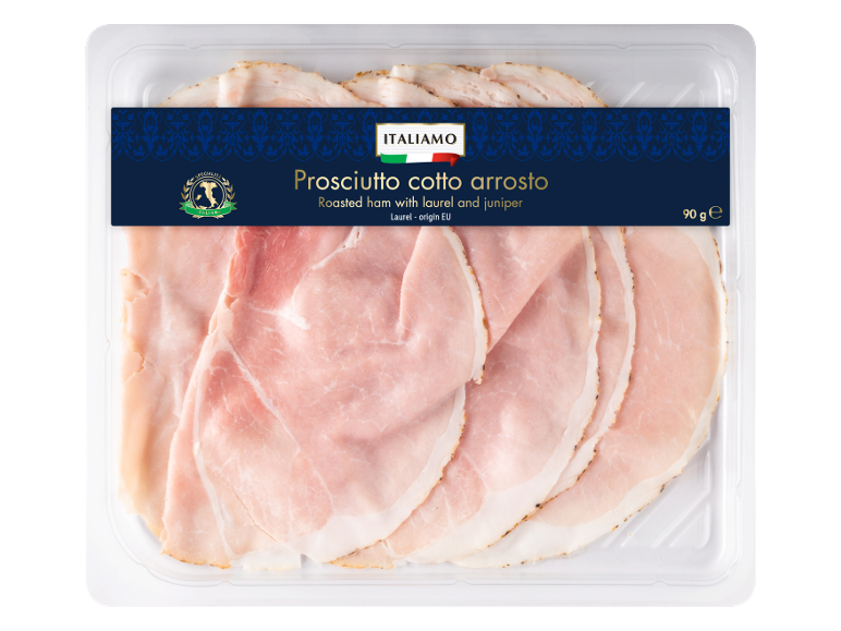 Pečena šunka z lovorjem in brinom pakirana, 90 g.