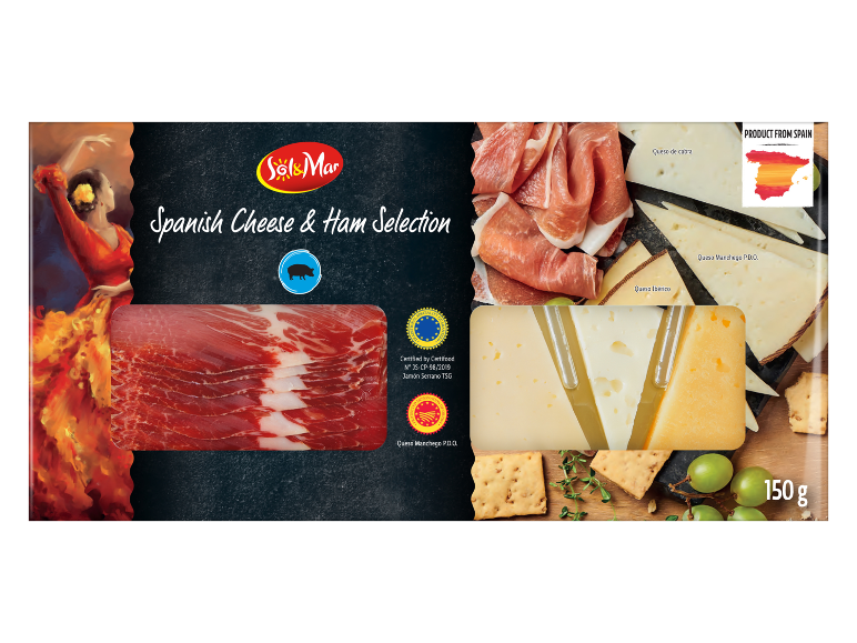 Izbor španskih sirov in pršuta s flamenko plesalko, vključno z Manchego, Ibérico in kozjim sirom.