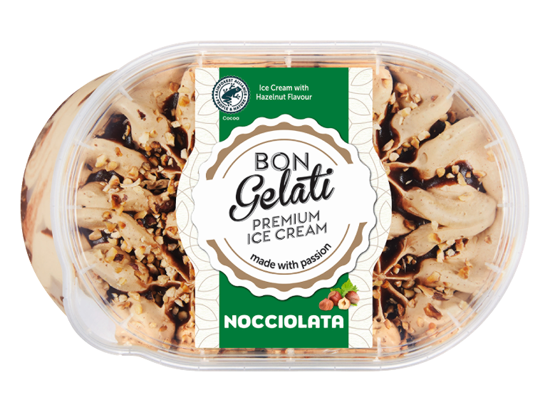 Nocciolata sladoled z okusom lešnika, certificiran s strani Rainforest Alliance.