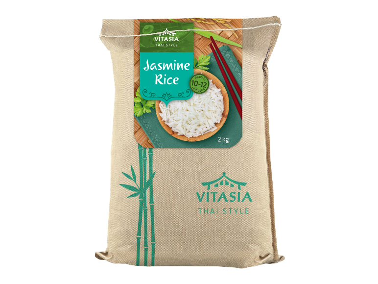 Jasminov riž v 2 kg vreči, z skledo riža in palčkami.