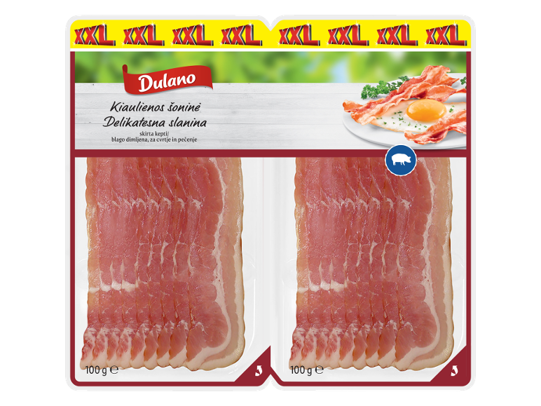 Dvojno pakiranje dimljene slanine, s sliko slanine in ocvrtega jajca.