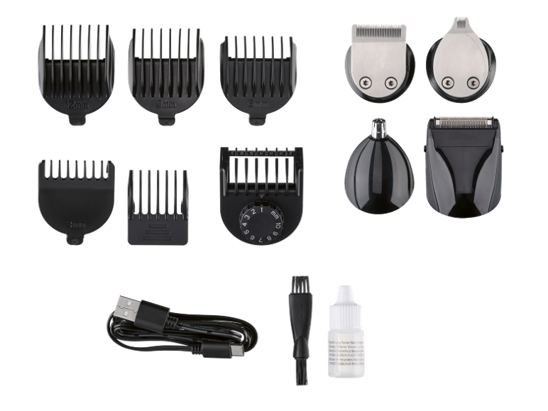 Dodatki za črni strižnik las, vključno z nastavki različnih velikosti (3mm, 6mm, 9mm, 12mm), brivnimi in strižnimi glavami, USB kablom, čistilno krtačo in stekleničko olja.