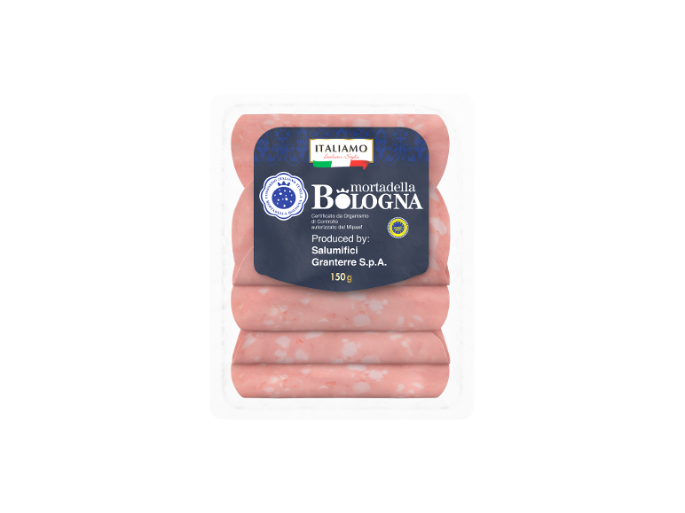 Pakirana mortadela Bologna z italijanskim žigom kakovosti in 150g.