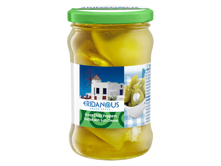 Zelene čili paprike, polnjene z mehkim sirom, grški stil, v steklenem kozarcu.