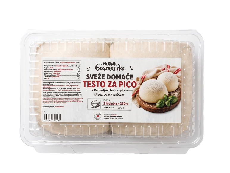 Pakirano sveže testo za pico z informacijami o hranilni vrednosti in navodili za uporabo.