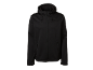 Črna moška softshell jakna s kapuco in zadrgo.