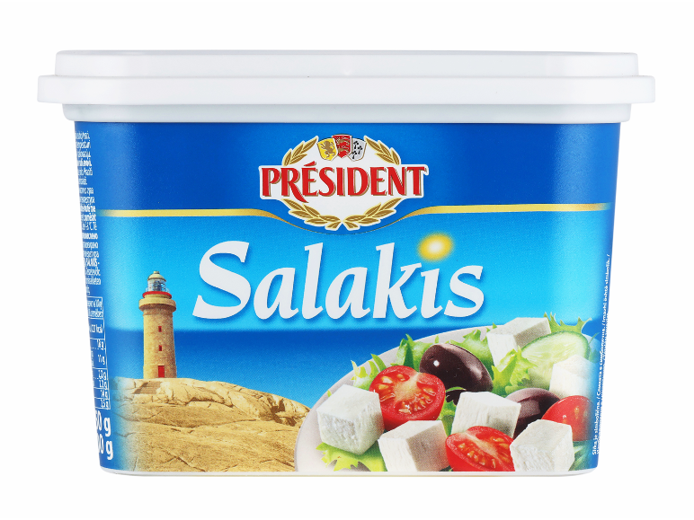 Posoda s sirom feta z ilustracijo grške solate in svetilnika.