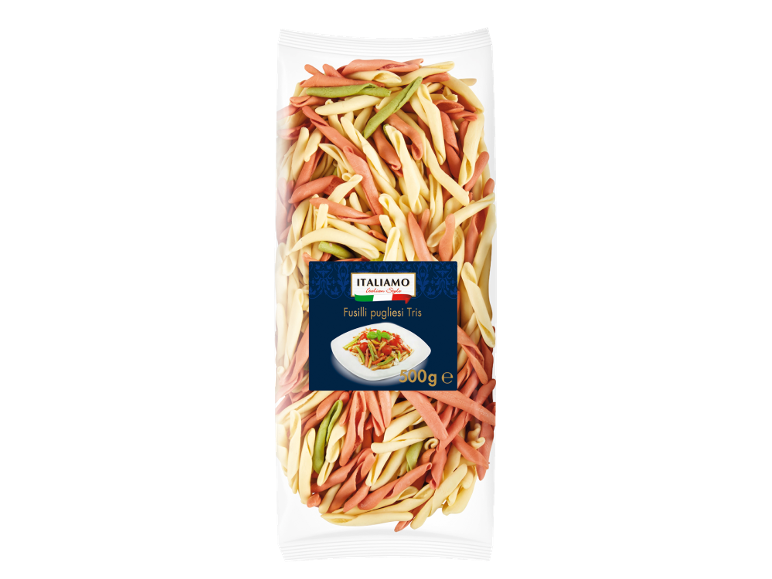 Pakiranje Fusilli pugliesi Tris, tribarvne testenine v rdeči, zeleni in rumeni barvi, 500g.