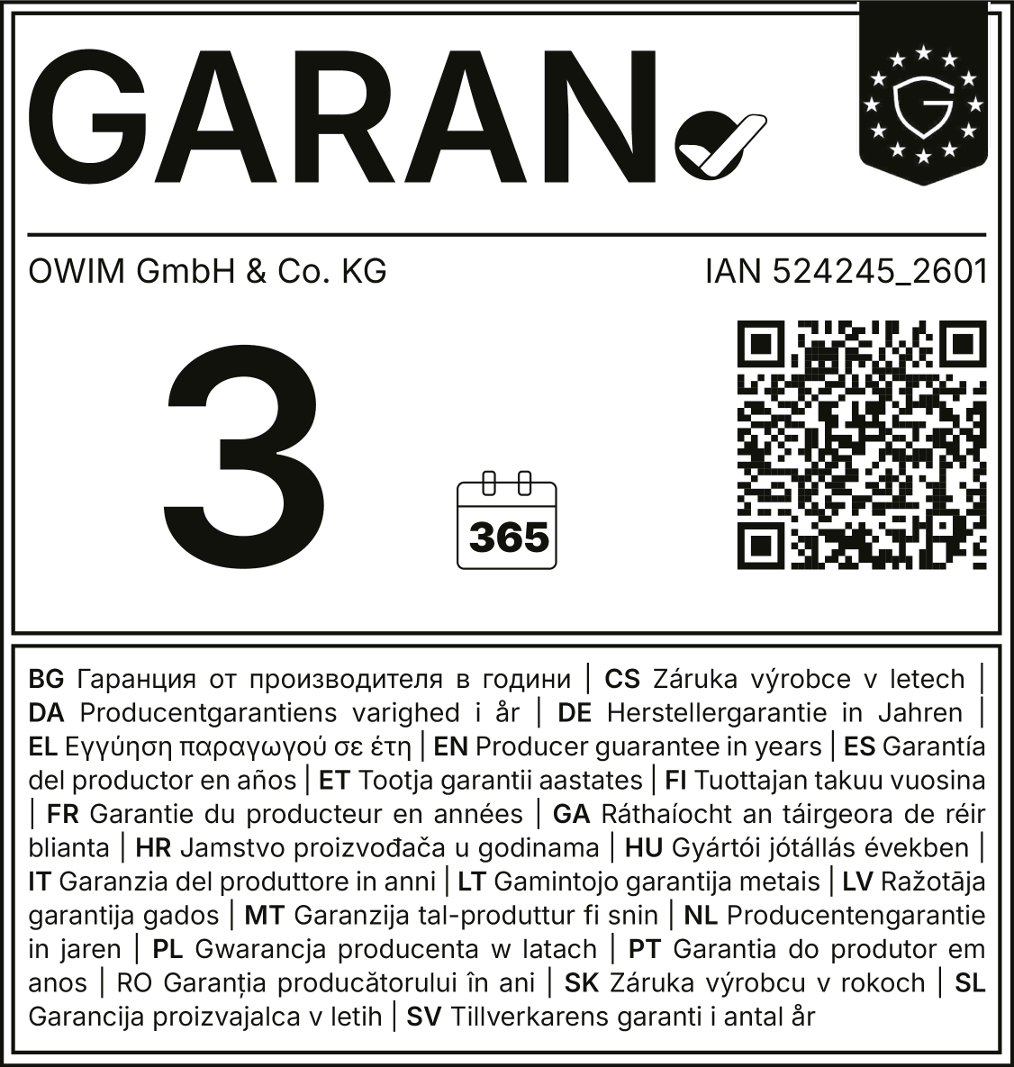 Garancija proizvajalca 3 leta (365 dni), IAN številka 524245_2601.