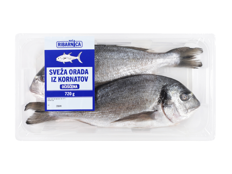 Dve sveži, očiščeni oradi v embalaži, 720 g.