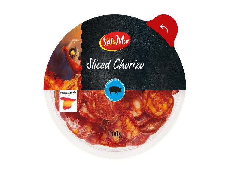 Pakiranje narezanega choriza s španskim dizajnom in 100 g izdelka.