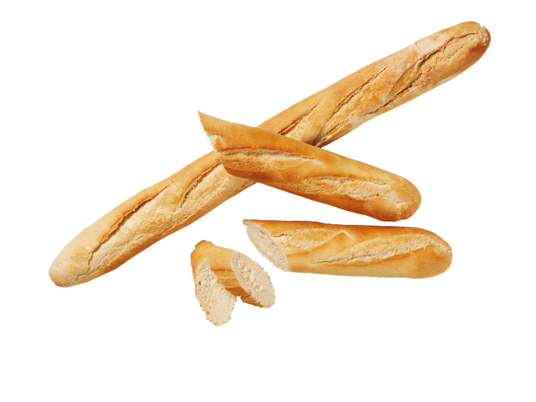 Hrustljave bagete, nekatere narezane, na črnem ozadju.