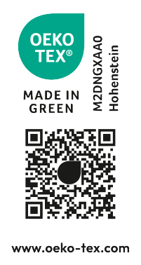 Pečat MADE IN GREEN s številko M2DNGXAA0 Hohenstein in QR kodo.